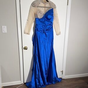 Satin Royal Blue Gown with Embellished Sheer Sleeves